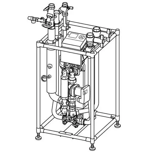 Frischwasserstation von Uponor mit mehreren Anschlussmöglichkeiten und integrierter Steuerung. Robuste Konstruktion zur effizienten Wasserverteilung im Gebäudemanagement.
